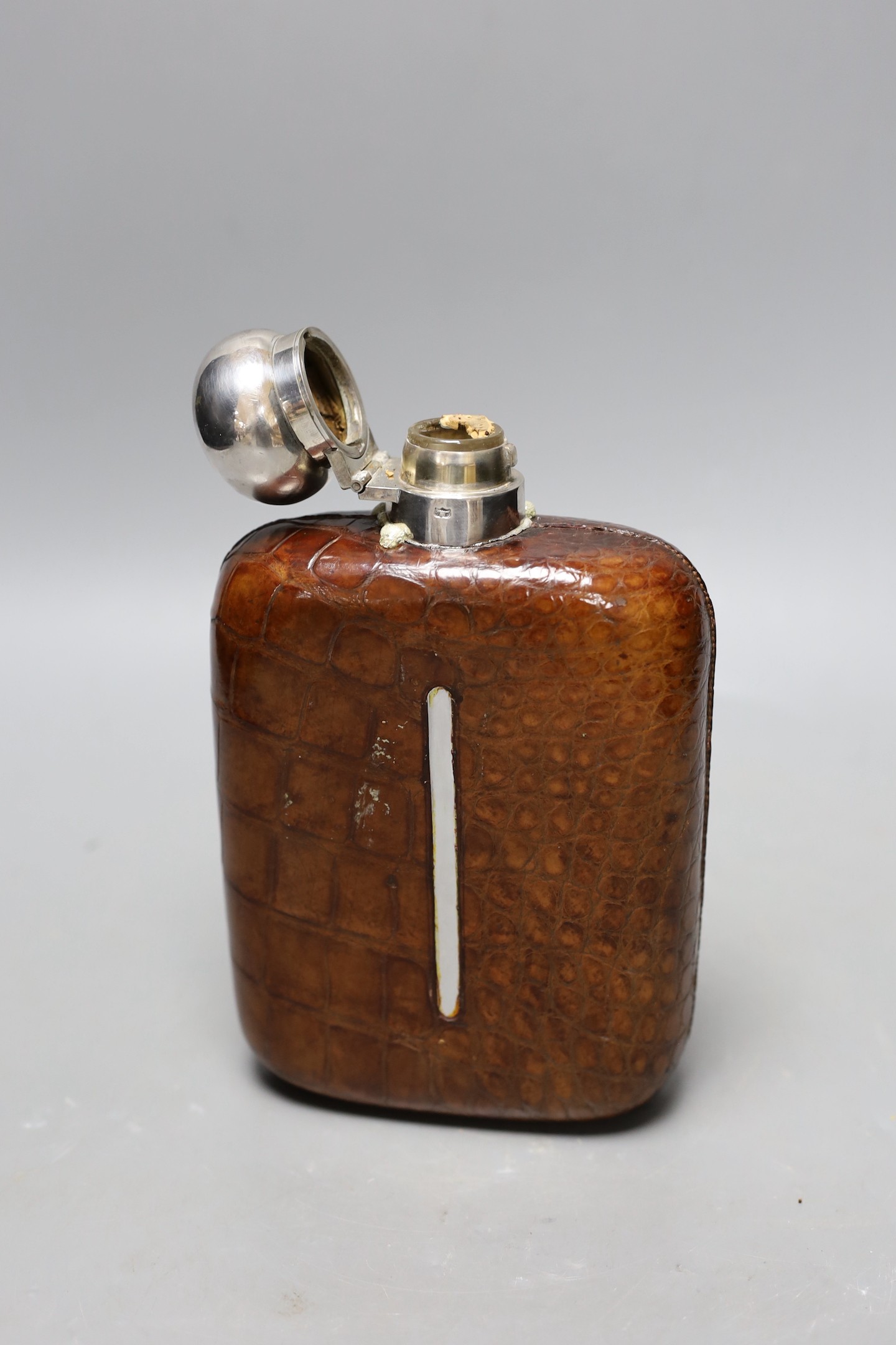 James Dixon & Sons silver plate - mounted and crocodile skin hip flask (a.f.)